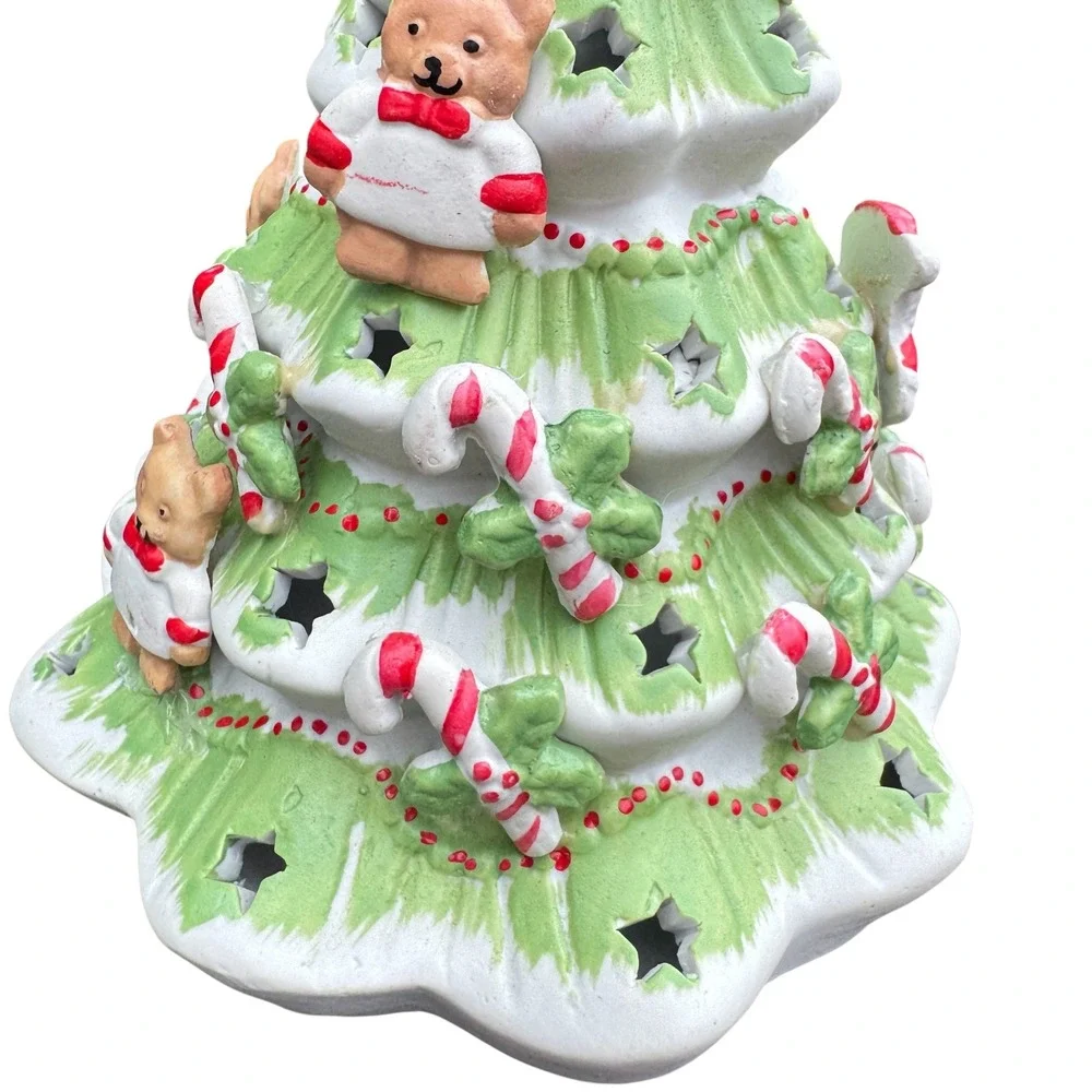 Vintage Ceramic Lighted Christmas Tree Santa Teddy Bear Candy Cane Star Cutouts